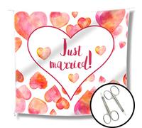 WeddingTree Telo “Just Married” per Il Matrimonio - Cuore da Ritagliare e 2 Forbici - Gioco per Gli sposi - Decorazione con Foto