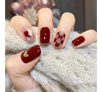 Wedity 24Pz claret Breve Scacchiera Amore Falso Nail Pearl Leaf Acrilico Falso Nails Stampa su Unghie per le Donne Ragazze (D)