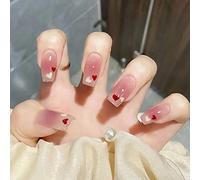 Wedity 24Pz Nero Bevel Francese Serpente Falsi Unghie Diablo Stile Acrilico Falso Nail Amore Cuore Stampa Artificiale su Unghie per le Donne Ragazze (A)