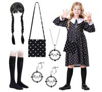 Wednesday Costume Kids 6 Pezzi Mercoledì Costume Bambini Set, Vestito Mercoledì Bambina, Abito da Mercoledì con Parrucche Calzino Borsa Orecchini Collana, Mercoledì Outfit per Carnevale Cosplay, 120cm