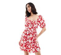 Wednesday's Girl - Vestito corto rosso a fiori con maniche a sbuffo M