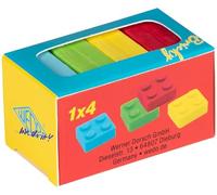 WEDO Bricky - Set di 4 gomme da cancellare a forma di mattoncini (rosso, blu, giallo, verde), plastica, senza PVC, ftalati e lattice, circa 2,5 x 2,5 x 1,3 cm