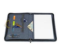 WEDO® Cartellina A4 Denim con cerniera, colore blu, 3 slot per schede, slot con elastico per penne, grande scomparto dietro la superficie di scrittura, piccolo scomparto per righello