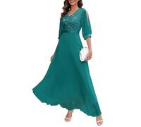 Wedtrend Abito da sera elegante per matrimonio, con scollo a V, in chiffon, da cocktail, da donna, lungo, con maniche divise, abito a mezza manica in pizzo con paillettes, Verde pavone, S