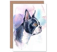 Wee Blue Coo Dog Boston Terrier Watercolour Greeting Card With Envelope Inside Premium Quality Acquerello