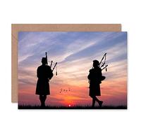 Wee Blue Coo Scottish Bagpipes Silhouette Sunset Birthday Art Sealed Greeting Card Plus Envelope Blank inside Scozzese Tramonto