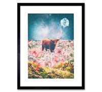 Wee Blue Coo Scottish Highland Hairy Coo Trippy Psychedelic Landscape Space Framed Art Print