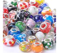 Weebee Perline in vetro di Murano con foro grande, distanziatori europei in vetro lavorato a lume placcati argento, per braccialetti fai da te, artigianato, creazione di gioielli, 50 pezzi misti