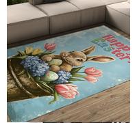WEECHAINGE Tappeto 100x150cm Pasquale festivo Tappetino blu coniglietto e uova carini per il soggiorno primaverile a tema Tulipano ortensia vintage antiscivolo lavabile slittoso corridoio d ingresso