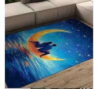 WEECHAINGE Tappeto 90x150cm blu navy soggiorno Coppia gialla di luna grande Tappetino per camera da letto lavabile moquette a pelo basso e antiscivolo cielo stellato mare comodino pranzo