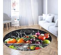 WEECHAINGE Tappeto da cucina rotondo lavabile Frutta astratta Splash Tappeti di grandi dimensioni Moderno resistente alle macchie per soggiorno Sala pranzo Camera letto antiscivolo nero 200cm