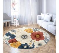 WEECHAINGE Tappeto rotondo floreale Boho Grandi fiori botanici vintage Tappeto antiscivolo lavabile in lavatrice rosso giallo e blu per la camera da letto della scuola materna Sala giochi 200cm