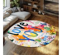 WEECHAINGE Tappeto rotondo per la camera dei bambini Graffiti multicolore Love You Print Lavabile in lavatrice Cerchio Tipografia Lettere Tappeti moderni morbidi antiscivolo Stuoia sottile per 160cm