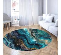WEECHAINGE Tappeto rotondo per la scuola materna in marmo astratto Camera dei giochi Antiscivolo lavabile lavatrice Morbido Sottile Microfibra Verde acqua Oro blu Comodino Cerchio moquette 135cm