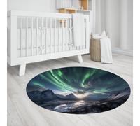 WEECHAINGE Tondo Aurora Borealis Tappeti Lavabili Verde Smeraldo e Ametista Northern Deep Night Blue Sky Mountain Silhouette Tappeto da cucina antiscivolo 60cm