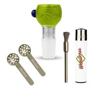 Weedness - Testina in Vetro per Bong, 18,8 mm, Taglio Heavy, Colore: Verde, con Raschietto e setaccio, con Clip, 4-Teiliges Set