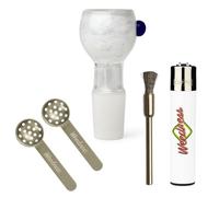 Weedness - Testina in Vetro per Bong, 18,8 mm, Taglio Heavy, con Raschietto per setaccio, setaccio e Clip, Accessorio per Testina, 4-Teiliges Set