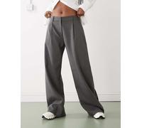 Weekday - Dara - Pantaloni a fondo ampio e vita bassa grigi gessati con pieghe sul davanti-Grigio 44