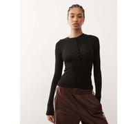 Weekday - T-shirt nera a maniche lunghe con scollo serafino-Nero M