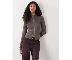 Weekday - Top accollato a maniche lunghe con zip grigio slavato XS