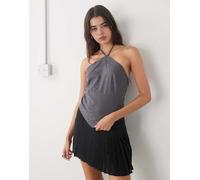 Weekday - Top allacciato al collo nero sporco con dettagli in strass-Grigio 34