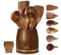 WEEKSUN Set di Utensili Cucina in Legno Con Supporto, Spatola, Schiumarola, Mestolo da Zuppa, Cucchiaio da Insalata, Forchette da Insalata e Porta Utensili