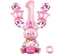 Weenkeey 1 anni Orso Compleanno Palloncini giganti 4D Orso Numero 1 Palloncino Orso Abbraccio Torta Palloncino per Orso tema festa Forniture Ragazze Compleanno Baby Shower Decorazioni - Rosa