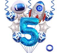 Weenkeey 5 anni astronauta razzo compleanno palloncini spazio festa palloncino Jumbo Spaceman foil palloncini blu numero 5 elio palloncino stella mylar per decorazione festa compleanno
