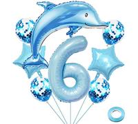 Weenkeey 6 anni Delfino Palloncini compleanno Delfino gigante Palloncino numero 6 Palloncini Palloncini animali oceano per festa a tema oceano Forniture per bambini Compleanno Décor - Azzurro