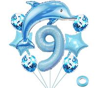 Weenkeey 9 anni Delfino Palloncini compleanno Delfino gigante Palloncino numero 9 Palloncini Palloncini animali oceano per festa a tema oceano Forniture per bambini Compleanno Décor - Azzurro