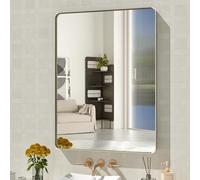 WEER Specchio da bagno in argento da 61 x 81 cm, con cornice in metallo argento spazzolato, rettangolare arrotondato, in vetro temperato, antiruggine, da appendere orizzontalmente o verticalmente