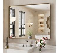 WEER Specchio da bagno in bronzo da 101 x 81 cm, con cornice in metallo bronzo spazzolato, specchio rettangolare arrotondato con cornice in bronzo con vetro temperato, antiruggine