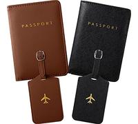 Weewooday 2 custodie per passaporto e 2 etichette per bagagli, porta passaporto da viaggio (marrone, nero)