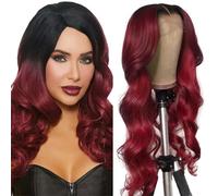 Weeybay 1B/99J Parrucca per capelli umani con radice scura rosso vino ondulato 4x4 HD trasparente pizzo frontale parrucche veri non trattati capelli del bambino Ombre colore bordeaux 55 cm
