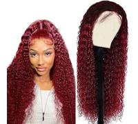 Weeybay 1B/99J Parrucca per capelli umani con radice scura rosso vino ricci 4x4 HD trasparente pizzo frontale parrucche 100% capelli non trattati colore bordeaux Ombre 76 cm