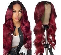 Weeybay 1B/99J Parrucca per capelli umani rosso vino rosso con radice scura 4x4 HD parrucche frontali in pizzo trasparente 100% capelli non trattati colore bordeaux Ombre 76 cm