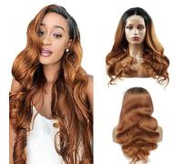 Weeybay Parrucche frontali in pizzo 4x4 con onda del corpo 1B/30 parrucca per capelli umani castano chiaro con radice nera 8A senza colla per capelli del bambino Ombre colore marrone per le donne 76