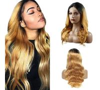 Weeybay Parrucche frontali in pizzo ondulato 4x4 1B/27 radice nera biondo miele 100% non trattati HD trasparente parrucca di capelli umani ombré biondi per le donne 76 cm