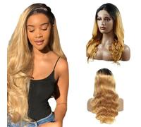 Weeybay Parrucche frontali in pizzo ondulato 4x4 1B/27 radice nera biondo miele veri non trattati HD trasparente parrucca di capelli umani ombré biondi colore per le donne 45,7 cm