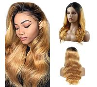 Weeybay Parrucche frontali in pizzo ondulato 4x4 1B/27 radice nera biondo miele veri non trattati HD trasparente parrucca di capelli umani ombré biondi colore per le donne 61 cm