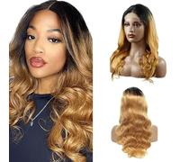 Weeybay Parrucche frontali in pizzo ondulato 4x4 1B/27 radice nera biondo miele veri non trattati HD trasparente parrucca di capelli umani ombré biondo per le donne 40,6 cm