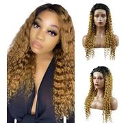 Weeybay Parrucche frontali in pizzo ondulato profondo 4x4 1B/27 radice nera biondo miele 100% non trattati HD trasparente parrucca di capelli umani ombré biondo per le donne 66 pollici
