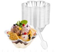 WEFHEF 100 Pz Coppette da Dessert con Cucchiai, 240 ml Tazze da Dessert a Forma di Fiore, Contenitori Trasparenti per Budini, Mousse, Gelati, Bicchieri Trasparentiper Feste e Compleanni