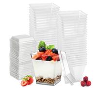 WEFHEF 50 Tazze da Dessert in Plastica con Coperchi, 240 ml/8 oz Coppe da Dessert Quadrate, Mini Bicchieri di Plastica per Dessert Riutilizzabili per Gelati Budini Mousse Feste Compleanni Matrimoni