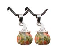 Wegiwuca Collana unisex regolabile con ciondolo a forma di zucca e cappello da strega e pietra di agata naturale su cordoncino nero, gioiello gotico con ciondolo a forma di zucca, Misura unica, come