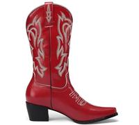 WEHAM Rosso,38,Stivali Western Ricamati da Donna, Stivali da Cowboy con Tacco Grosso al Polpaccio, Stivali al Polpaccio retrò a Punta Nero Rosso alla Moda