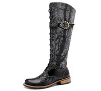 WEHAM Stivali in Pelle con Tacchi a Blocco Lunghi al Ginocchio per Le Donne, Y2K Goth Punk Vintage Denim Print Scarpe Lunghe da Cowgirls con Polpaccio Largo,Nero,37