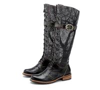 WEHAM Stivali in Pelle con Tacchi a Blocco Lunghi al Ginocchio per Le Donne, Y2K Goth Punk Vintage Denim Print Scarpe Lunghe da Cowgirls con Polpaccio Largo,Nero,37