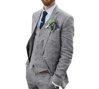 Wehilion Abito da uomo in lino retrò da spiaggia, abito da sposa estivo slim fit 3 pezzi leggero lino giacca gilet pantaloni smoking, Grigio, L