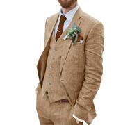 Wehilion Abito da uomo in lino retrò da spiaggia, abito da sposa estivo slim fit 3 pezzi leggero lino giacca gilet pantaloni smoking, Cachi, XL